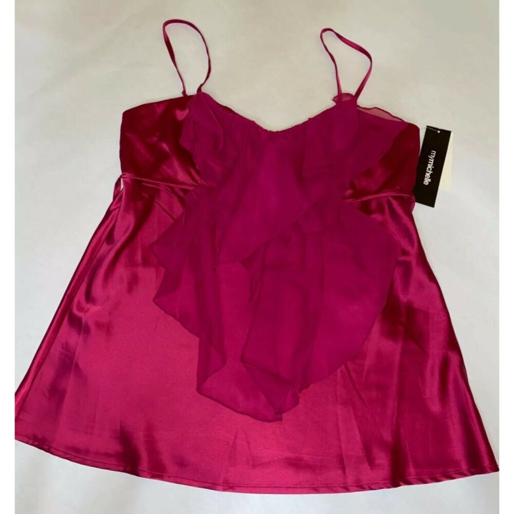 MyMichelle Womens Burgundy Satin Camisole Top With Ruffle Overlay & Tie Waist Si